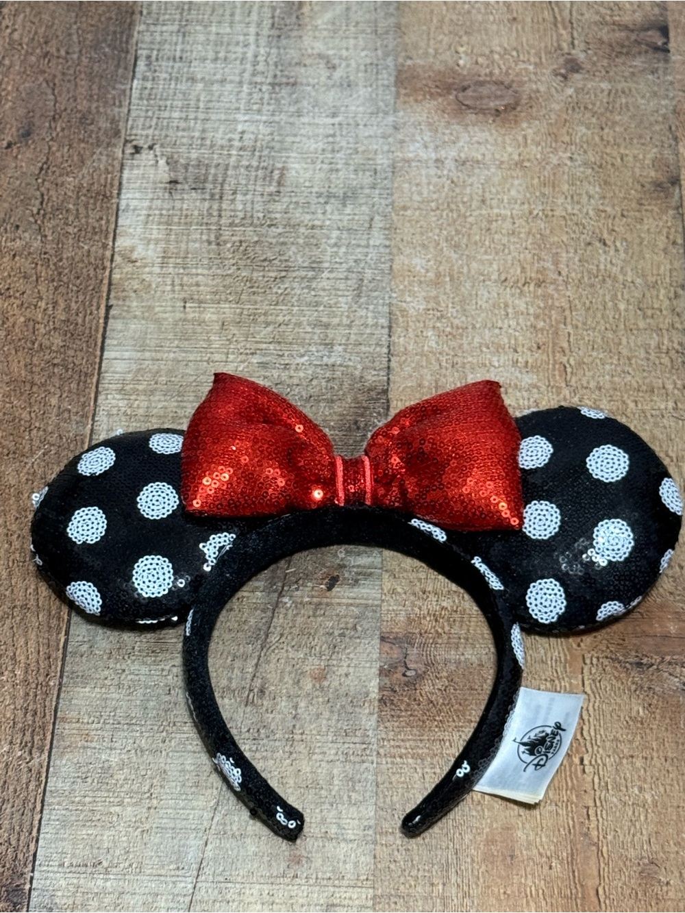 Disney Parks Black White Polka Dot Red Sequin Bow Minnie Mouse Ear Headband NICE